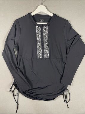 Lands' End Embroidered Drawstring Rash Guard Swim Cover-Up Top Black M